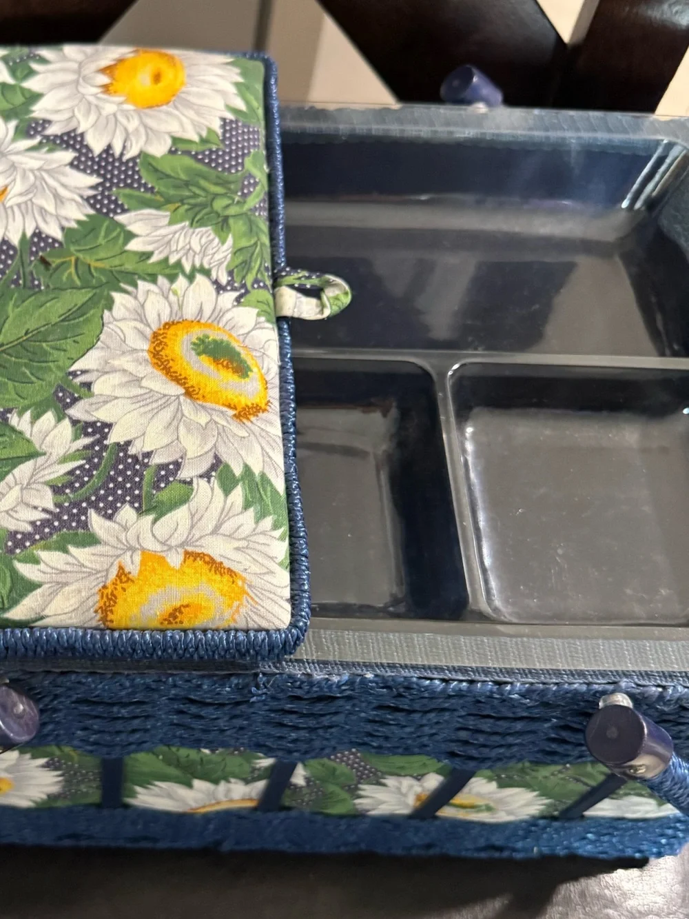 Vtg Wicker Sewing Basket Blue With Sunflowers Storage Box With Handle